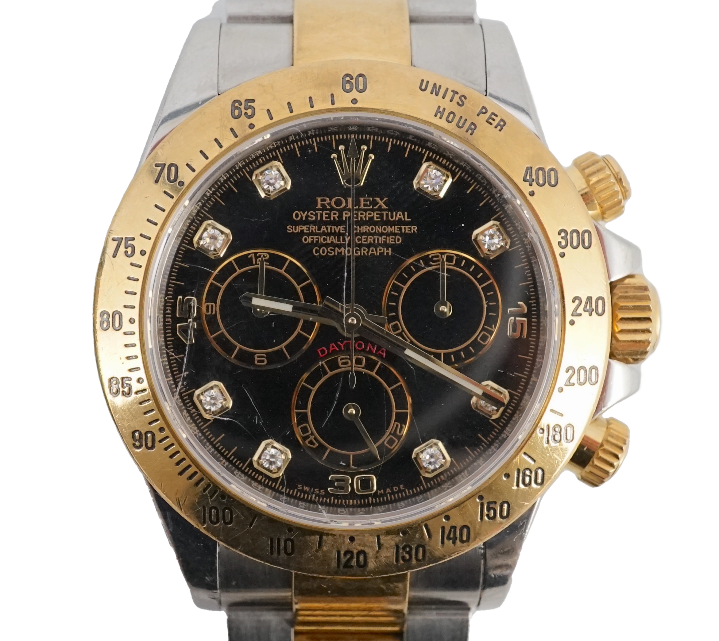 A gentleman's 2015 18ct gold and stainless steel Rolex Oyster Perpetual Daytona Cosmograph wrist watch, on an 18ct gold and stainless steel Rolex bracelet